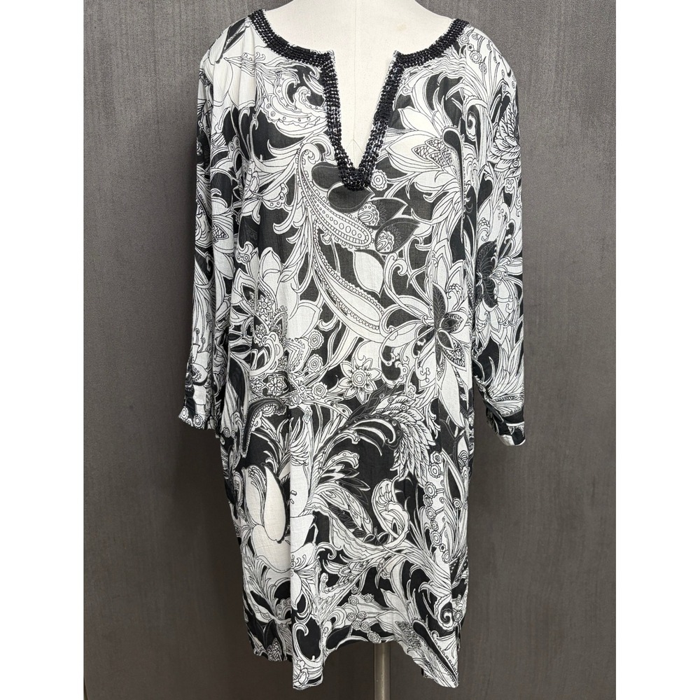 Talbots Paisley Tunic Women Large Black White Sequin V-Neck Boho‎ Beach Coverup